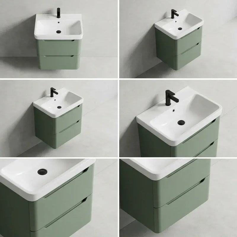 Libras 500mm 2 Drawer Wall Hung Cloakroom Basin Unit, Matt Sage Green, Includes Ceramic Basin