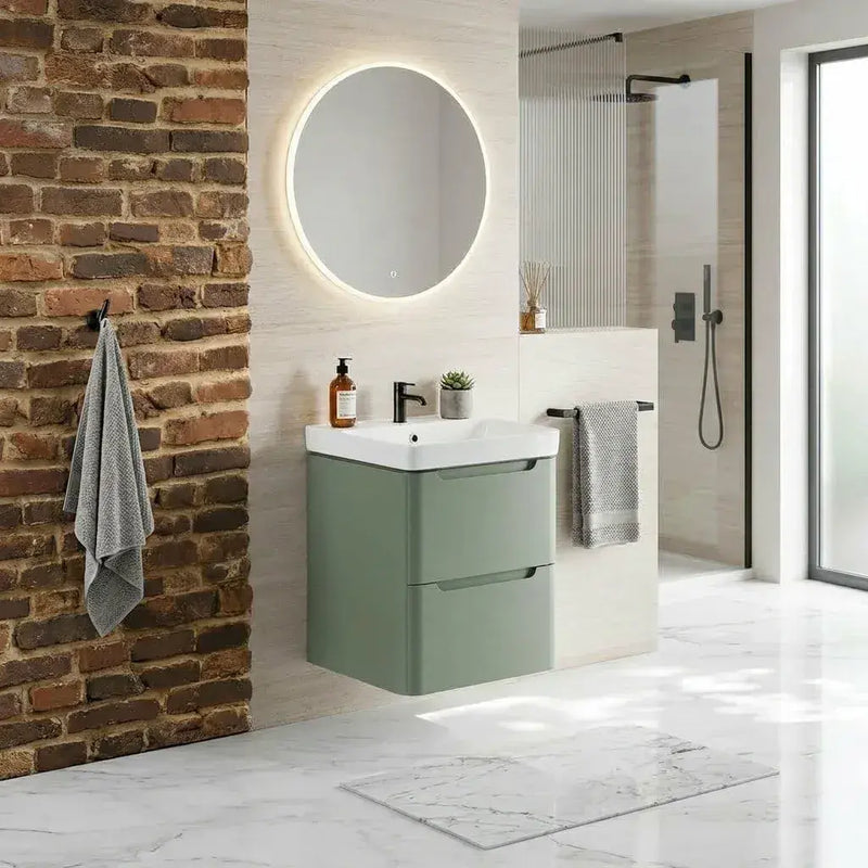 Libras 500mm 2 Drawer Wall Hung Cloakroom Basin Unit, Matt Sage Green, Includes Ceramic Basin