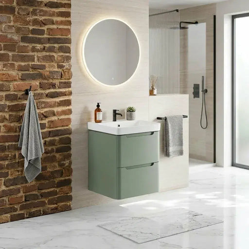 Libras 500mm 2 Drawer Wall Hung Cloakroom Basin Unit, Matt Sage Green, Includes Ceramic Basin
