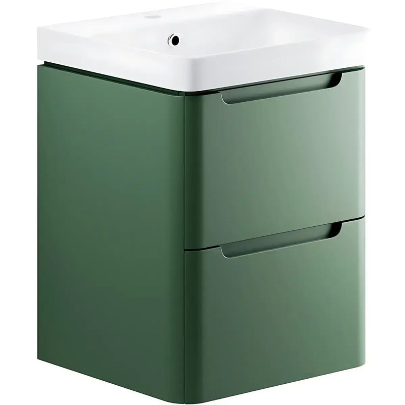 Libras 500mm 2 Drawer Wall Hung Cloakroom Basin Unit, Matt Sage Green, Includes Ceramic Basin