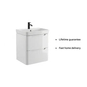 Libras 500mm 2 Drawer Wall Hung Cloakroom Basin Unit, White Gloss, Includes Ceramic Basin