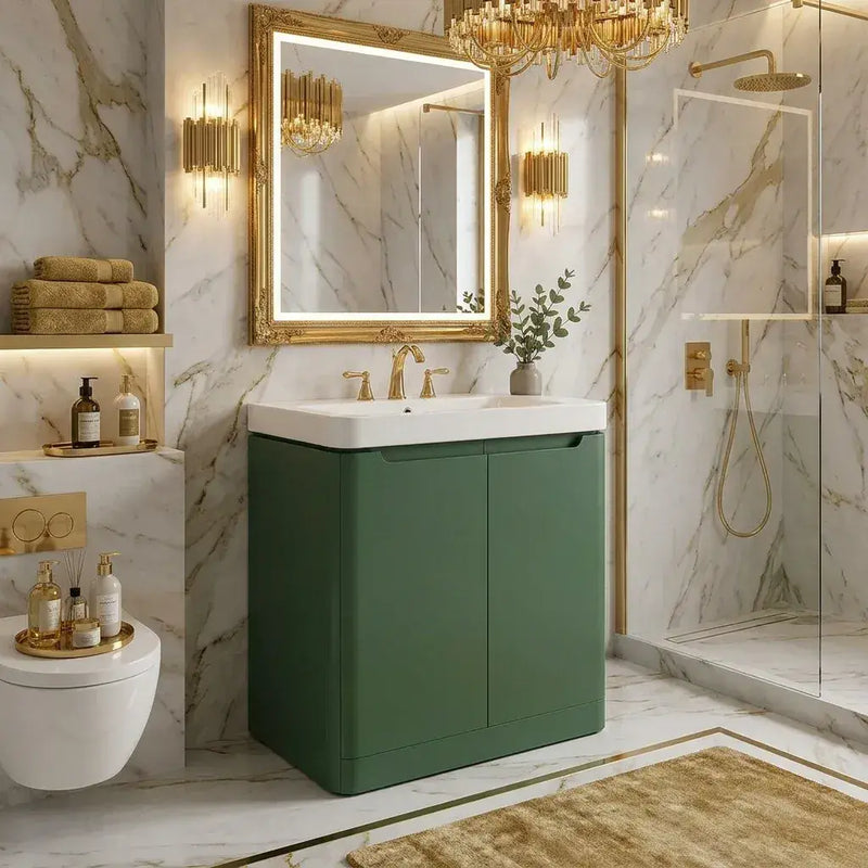 Libras 600mm 2 Door Floor Standing Basin Unit, Matt Sage Green, Includes Ceramic Basin