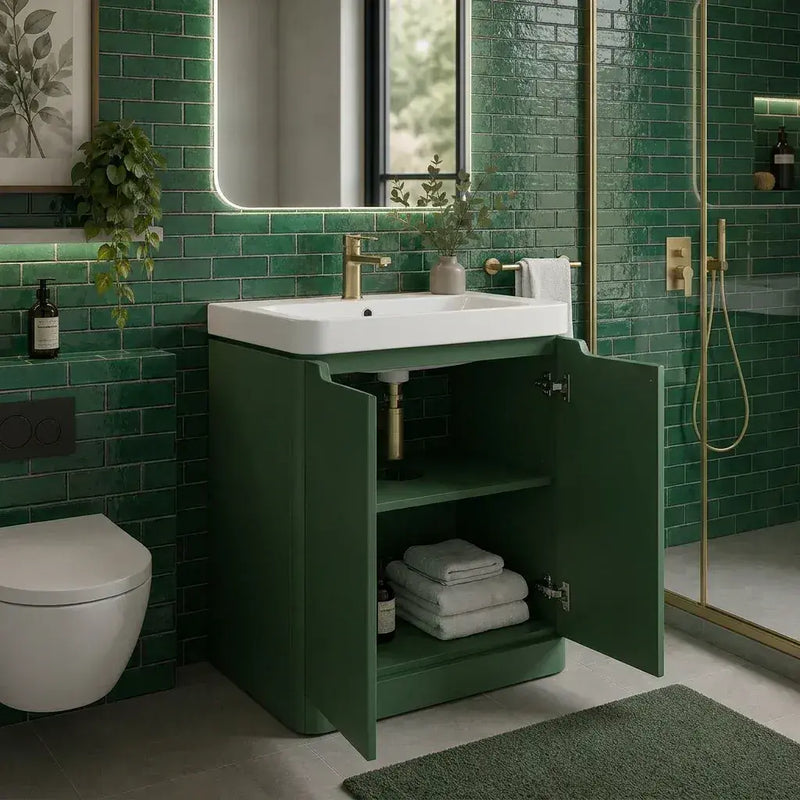 Libras 600mm 2 Door Floor Standing Basin Unit, Matt Sage Green, Includes Ceramic Basin