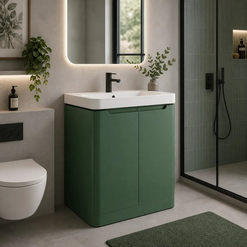 Libras 600mm 2 Door Floor Standing Basin Unit, Matt Sage Green, Includes Ceramic Basin