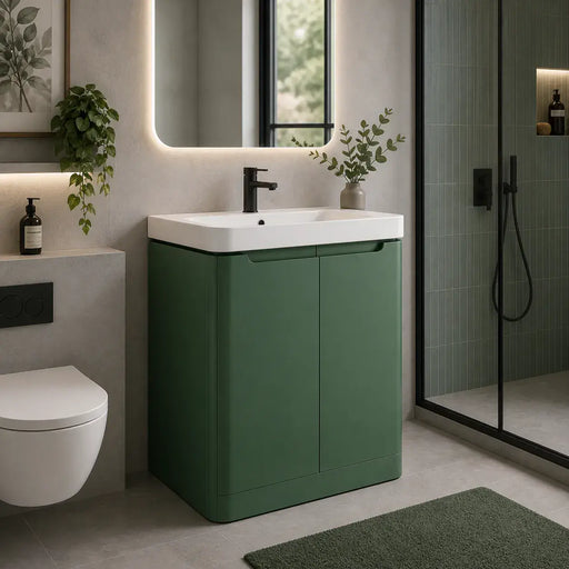 Libras 600mm 2 Door Floor Standing Basin Unit, Matt Sage Green, Includes Ceramic Basin
