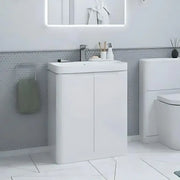 Libras 600mm 2 Door Floor Standing Basin Unit, White Gloss, Includes Ceramic Basin