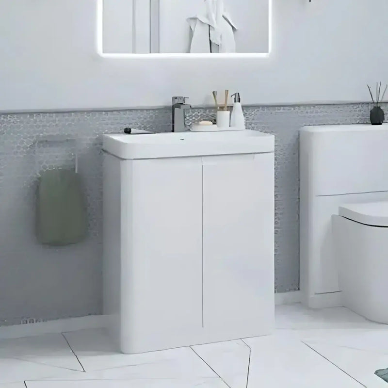 Libras 600mm 2 Door Floor Standing Basin Unit, White Gloss, Includes Ceramic Basin