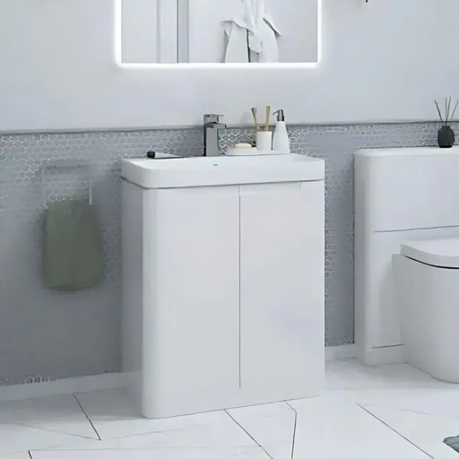 Libras 600mm 2 Door Floor Standing Basin Unit, White Gloss, Includes Ceramic Basin