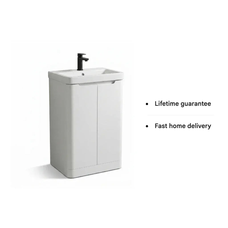 Libras 600mm 2 Door Floor Standing Basin Unit, White Gloss, Includes Ceramic Basin