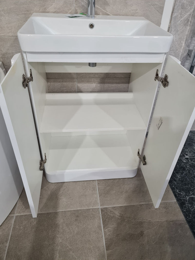 Libras 600mm 2 Door Floor Standing Basin Unit, White Gloss, Includes Ceramic Basin