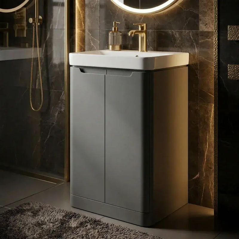 Libras 600mm 2 Door Floor Standing Cloakroom Basin Unit, Matt Grey, Includes Ceramic Basin