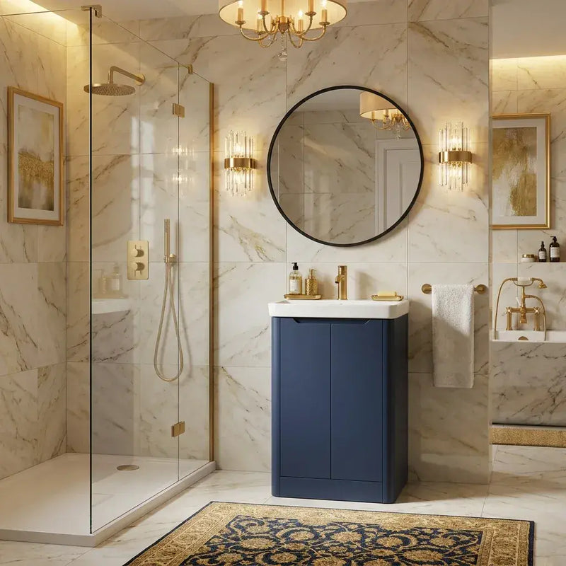 Libras 600mm 2 Door Floor Standing Cloakroom Basin Unit, Matt Indigo, Includes Ceramic Basin
