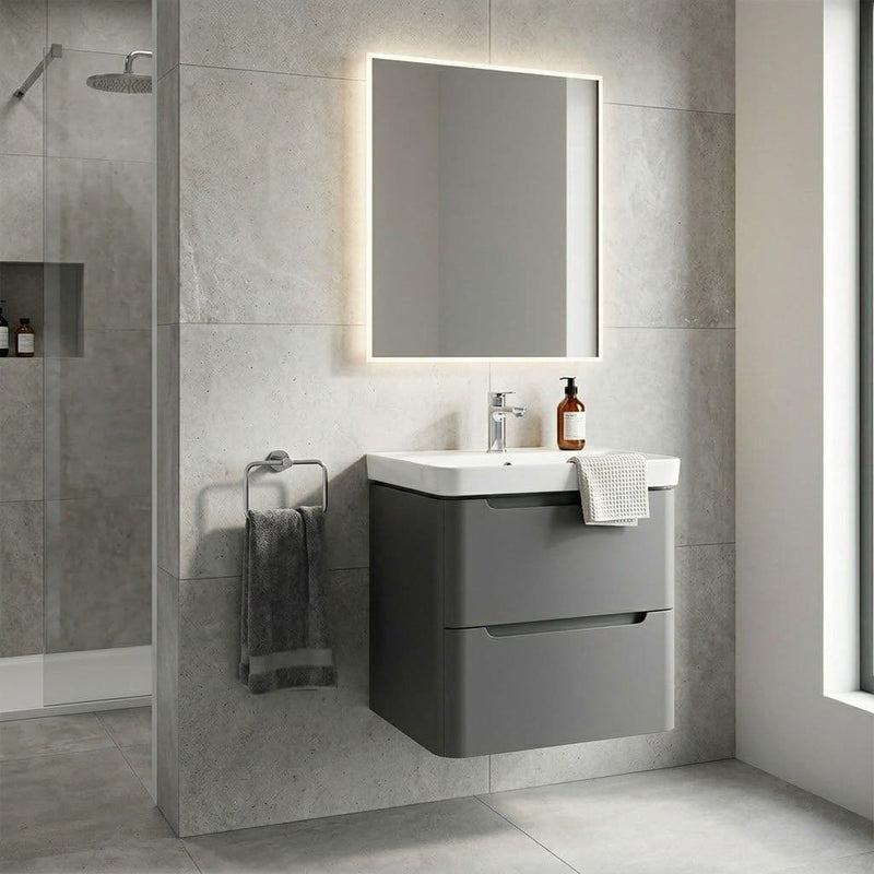 Libras 600mm 2 Drawer Wall Hung Basin Unit, Matt Grey, Includes Ceramic Basin
