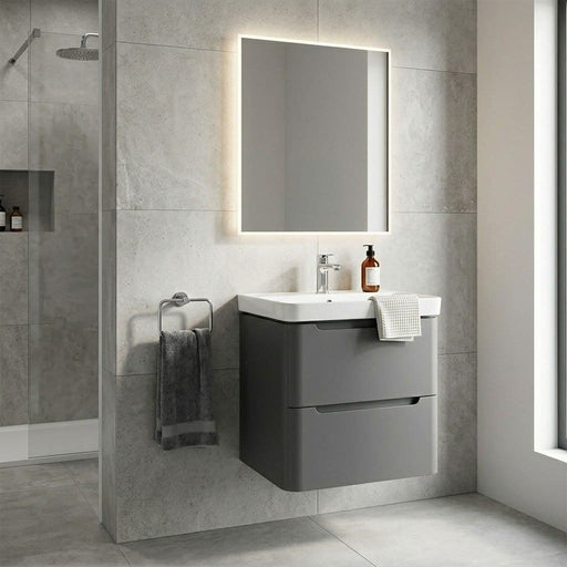 Libras 600mm 2 Drawer Wall Hung Basin Unit, Matt Grey, Includes Ceramic Basin