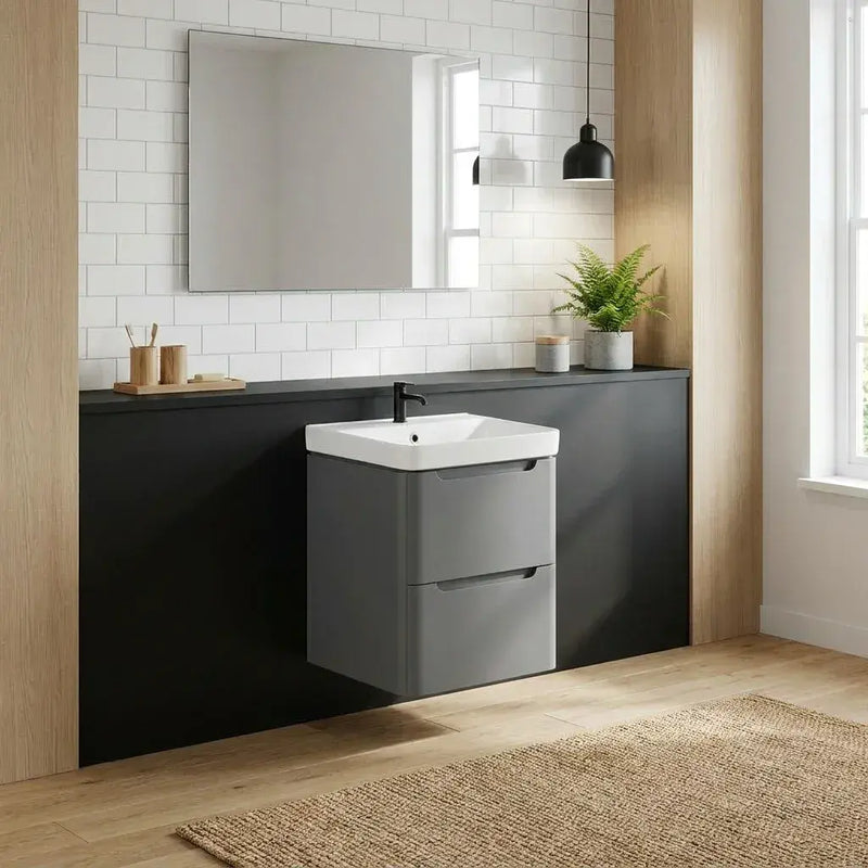 Libras 600mm 2 Drawer Wall Hung Basin Unit, Matt Grey, Includes Ceramic Basin