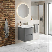 Libras 600mm 2 Drawer Wall Hung Basin Unit, Matt Grey, Includes Ceramic Basin