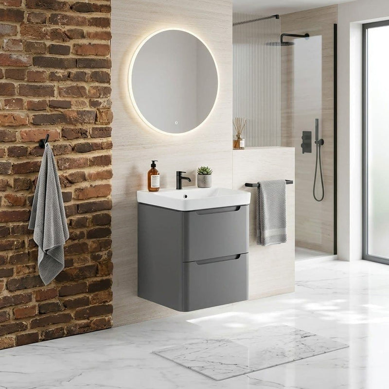 Libras 600mm 2 Drawer Wall Hung Basin Unit, Matt Grey, Includes Ceramic Basin