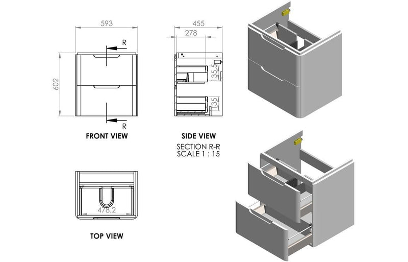 Libras 600mm 2 Drawer Wall Hung Basin Unit, Matt Grey, Includes Ceramic Basin
