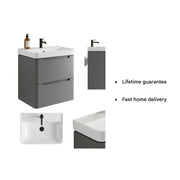 Libras 600mm 2 Drawer Wall Hung Basin Unit, Matt Grey, Includes Ceramic Basin