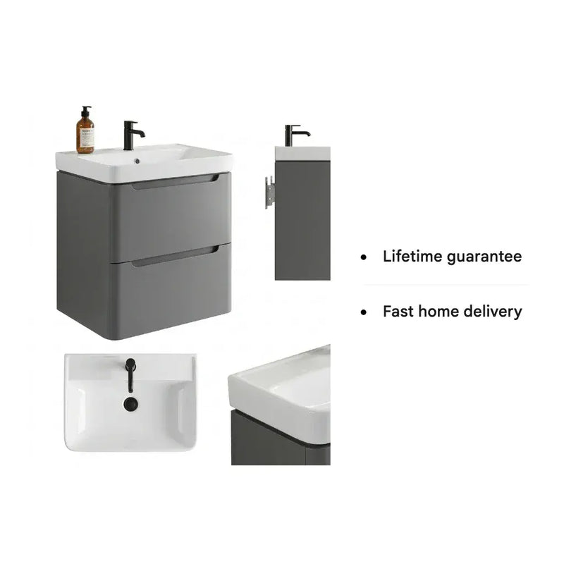 Libras 600mm 2 Drawer Wall Hung Basin Unit, Matt Grey, Includes Ceramic Basin