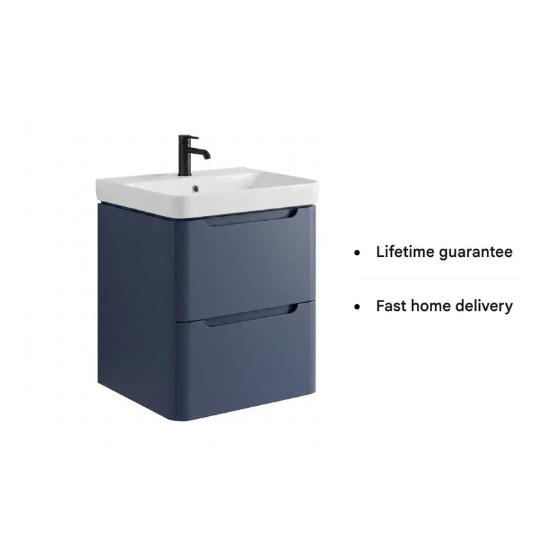 Libras 600mm 2 Drawer Wall Hung Basin Unit, Matt Indigo, Includes Ceramic Basin