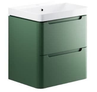 Libras 600mm 2 Drawer Wall Hung Basin Unit, Matt Sage Green, Includes Ceramic Basin