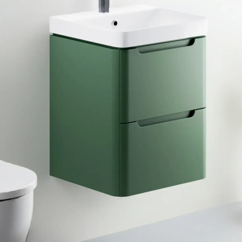 Libras 600mm 2 Drawer Wall Hung Basin Unit, Matt Sage Green, Includes Ceramic Basin