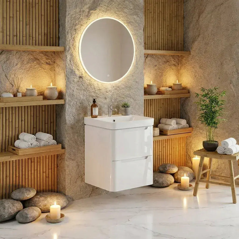 Libras 600mm 2 Drawer Wall Hung Basin Unit, White Gloss, Includes Ceramic Basin