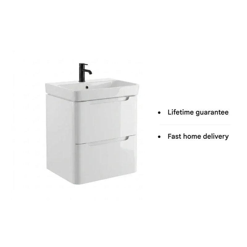 Libras 600mm 2 Drawer Wall Hung Basin Unit, White Gloss, Includes Ceramic Basin