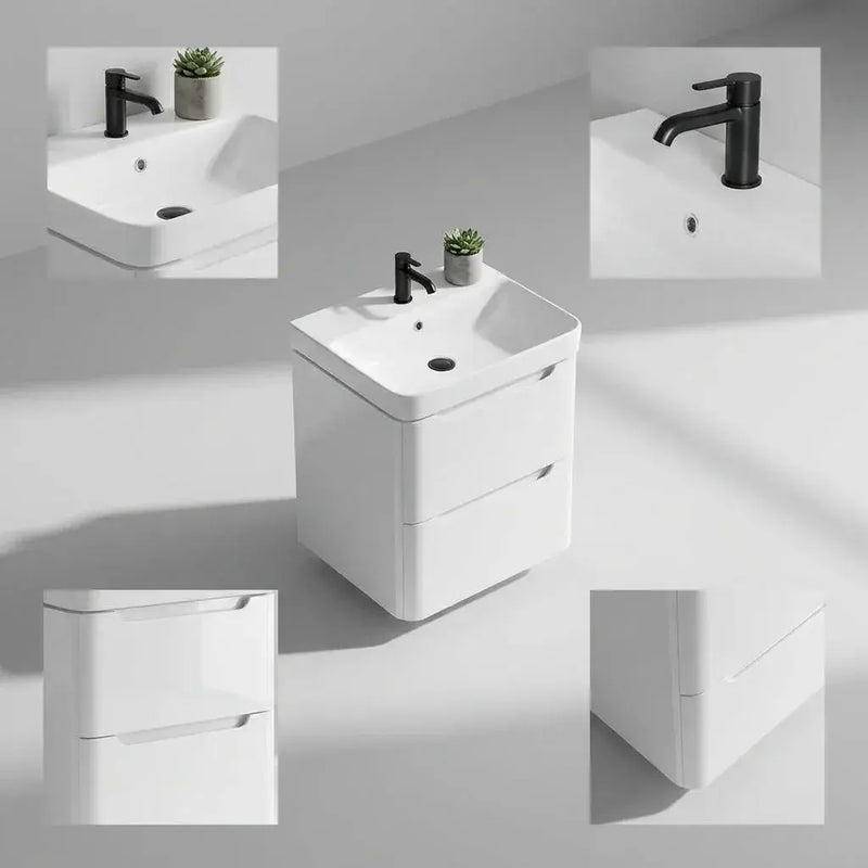 Libras 600mm 2 Drawer Wall Hung Basin Unit, White Gloss, Includes Ceramic Basin