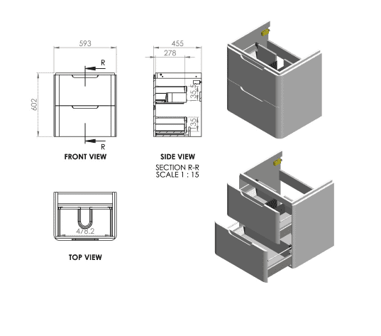Libras 600mm 2 Drawer Wall Hung Basin Unit, White Gloss, Includes Ceramic Basin