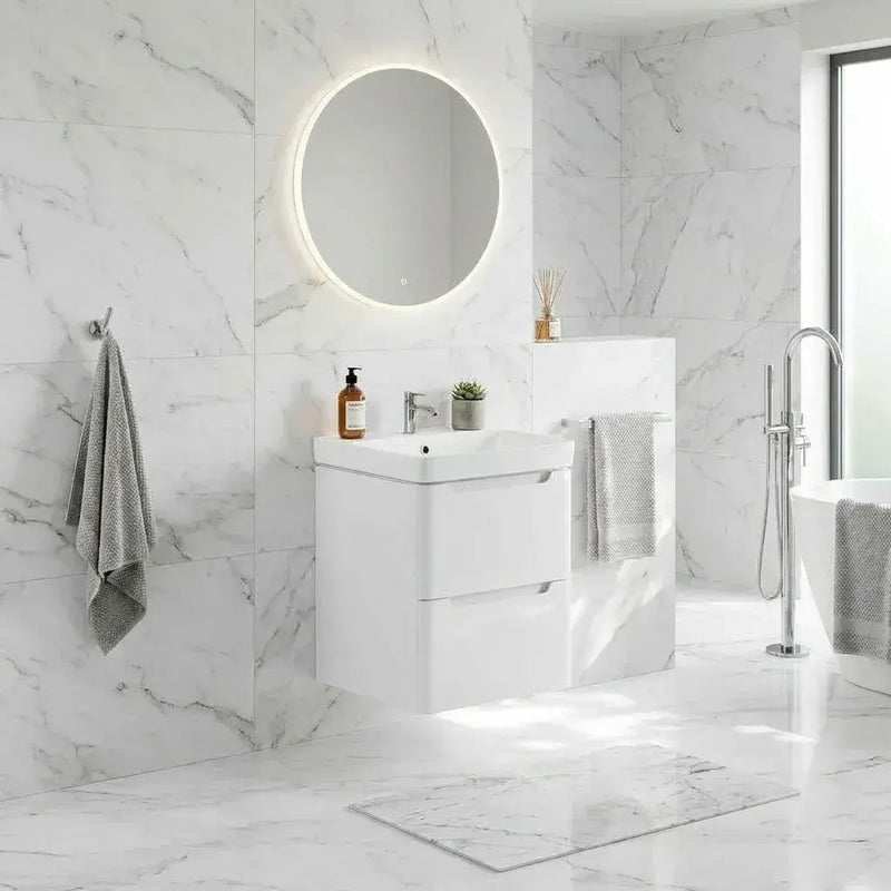 Libras 600mm 2 Drawer Wall Hung Basin Unit, White Gloss, Includes Ceramic Basin
