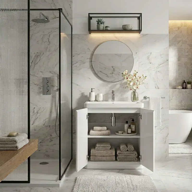 Libras 800mm 2 Door Floor Standing Basin Unit, White Gloss, Includes Ceramic Basin