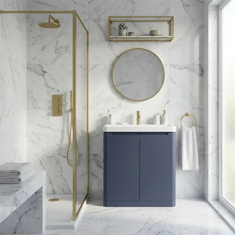 Libras 800mm 2 Door Floor Standing Cloakroom Basin Unit, Matt Indigo, Includes Ceramic Basin