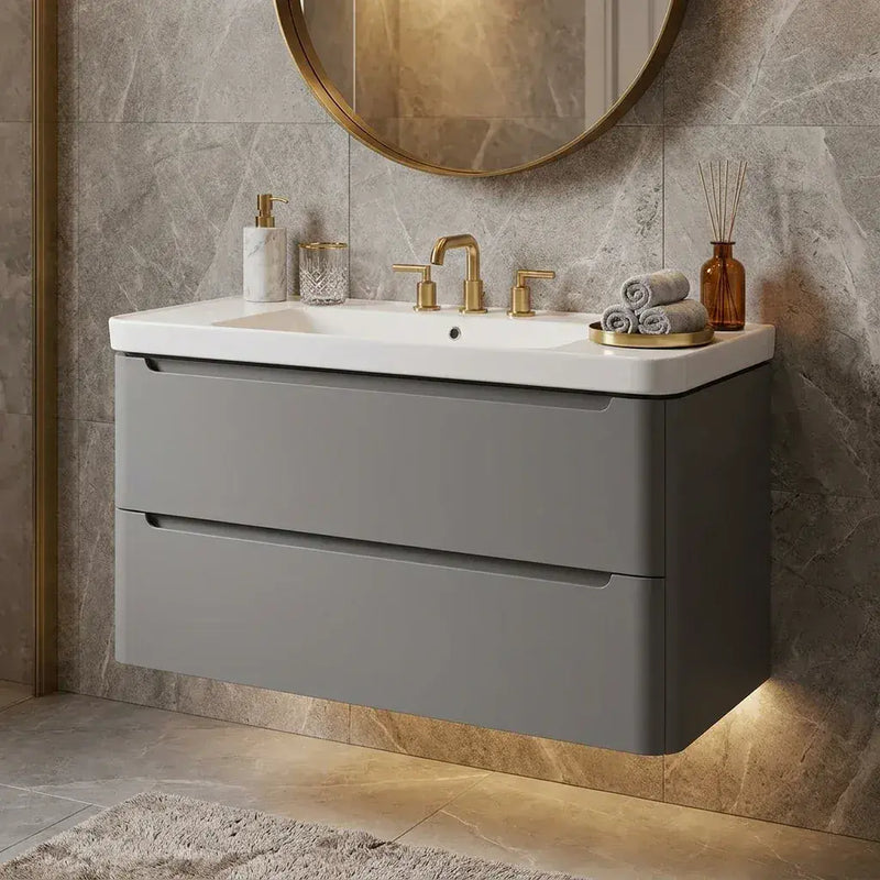 Libras 800mm 2 Drawer Wall Hung Basin Unit, Matt Grey, Includes Ceramic Basin