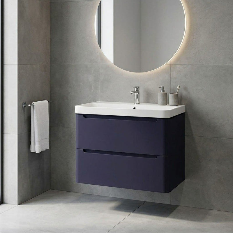 Libras 800mm 2 Drawer Wall Hung Basin Unit, Matt Indigo, Includes Ceramic Basin
