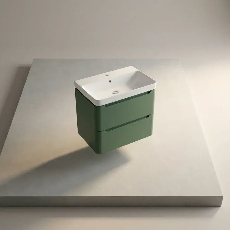 Libras 800mm 2 Drawer Wall Hung Basin Unit, Matt Sage Green, Includes Ceramic Basin