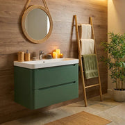Libras 800mm 2 Drawer Wall Hung Basin Unit, Matt Sage Green, Includes Ceramic Basin