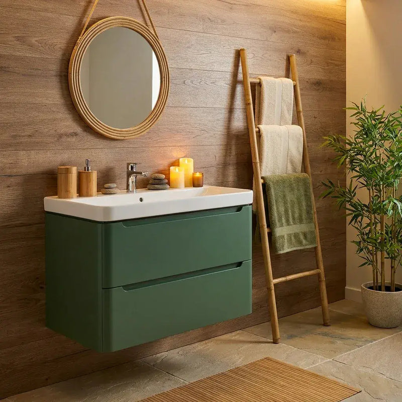 Libras 800mm 2 Drawer Wall Hung Basin Unit, Matt Sage Green, Includes Ceramic Basin