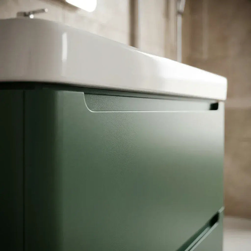 Libras 800mm 2 Drawer Wall Hung Basin Unit, Matt Sage Green, Includes Ceramic Basin