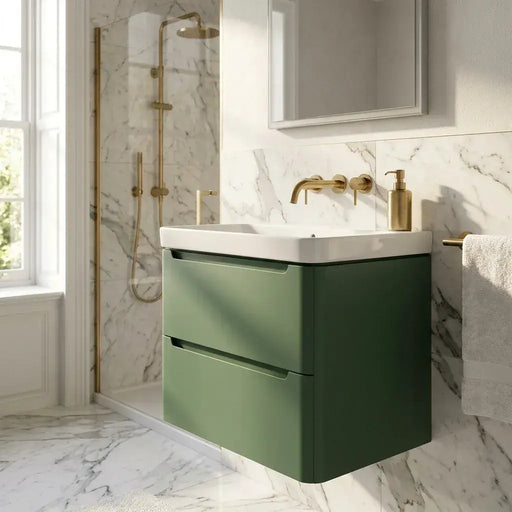 Libras 800mm 2 Drawer Wall Hung Basin Unit, Matt Sage Green, Includes Ceramic Basin