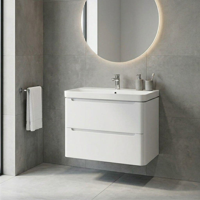 Libras 800mm 2 Drawer Wall Hung Basin Unit, White Gloss, Includes Ceramic Basin