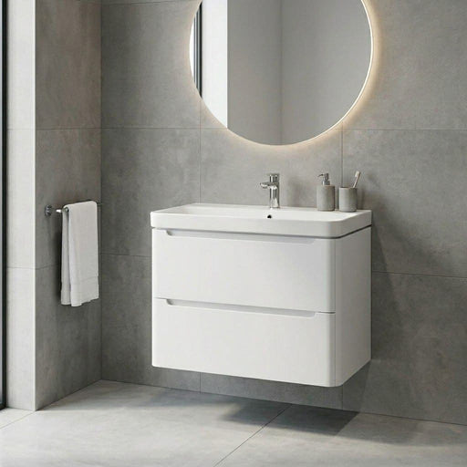 Libras 800mm 2 Drawer Wall Hung Basin Unit, White Gloss, Includes Ceramic Basin