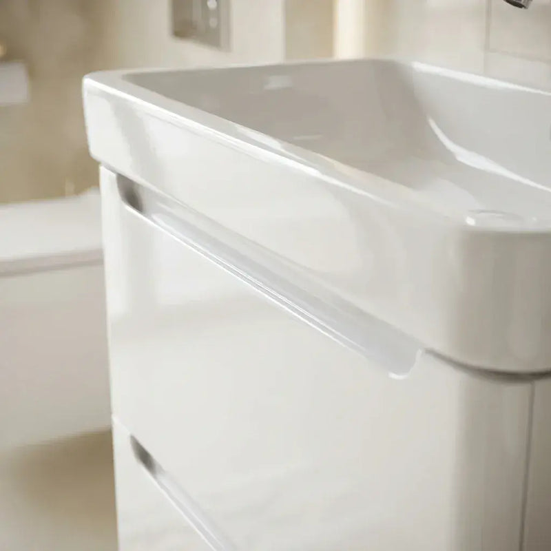 Libras 800mm 2 Drawer Wall Hung Basin Unit, White Gloss, Includes Ceramic Basin