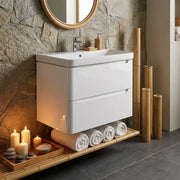 Libras 800mm 2 Drawer Wall Hung Basin Unit, White Gloss, Includes Ceramic Basin