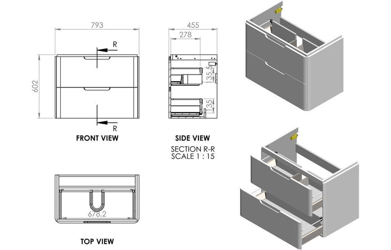 Libras 800mm 2 Drawer Wall Hung Basin Unit, White Gloss, Includes Ceramic Basin
