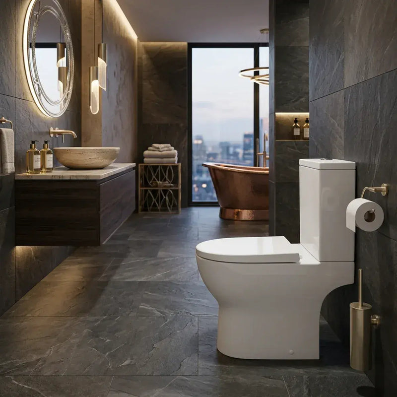Lile Rimless Short Projection Open Back Close Coupled Toilet With Cistern Slim Close Seat - White
