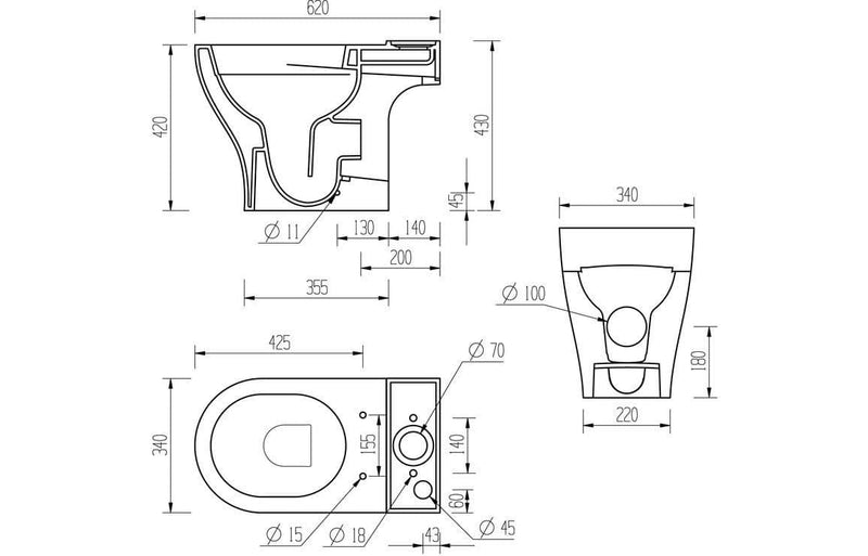 Lile Rimless Short Projection Open Back Close Coupled Toilet With Cistern Slim Close Seat - White