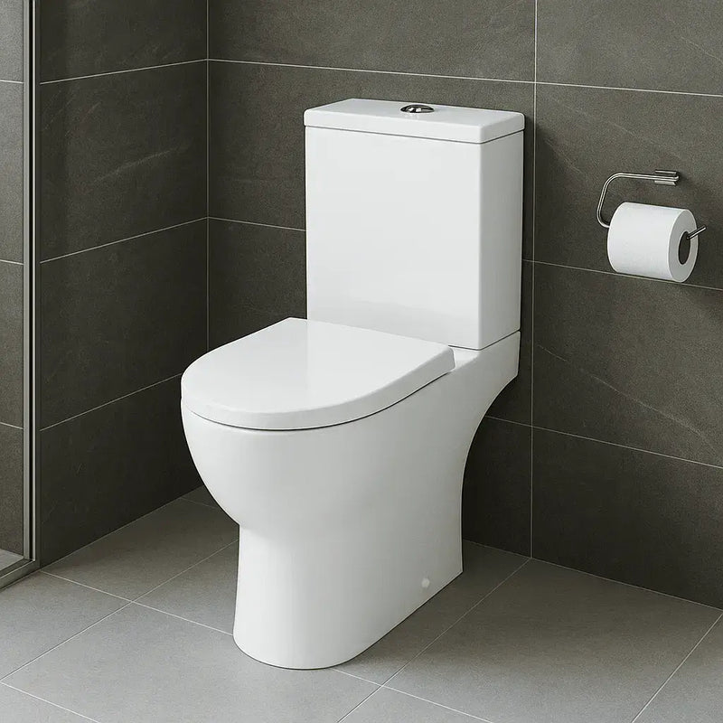Lile Rimless Short Projection Open Back Close Coupled Toilet With Cistern Slim Close Seat - White