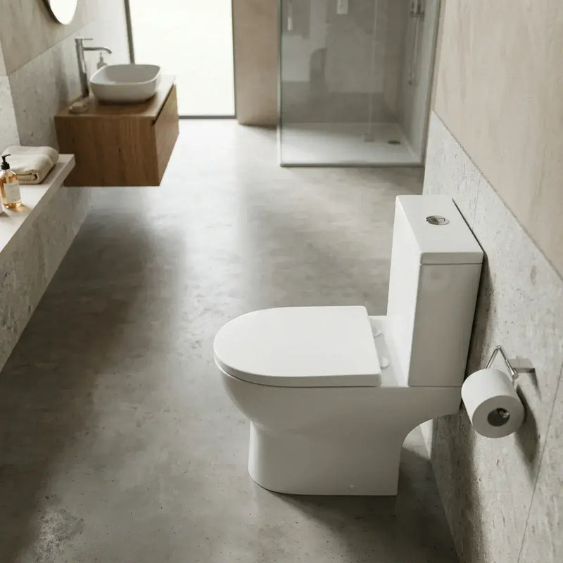 Lile Rimless Short Projection Open Back Close Coupled Toilet With Cistern Slim Close Seat - White